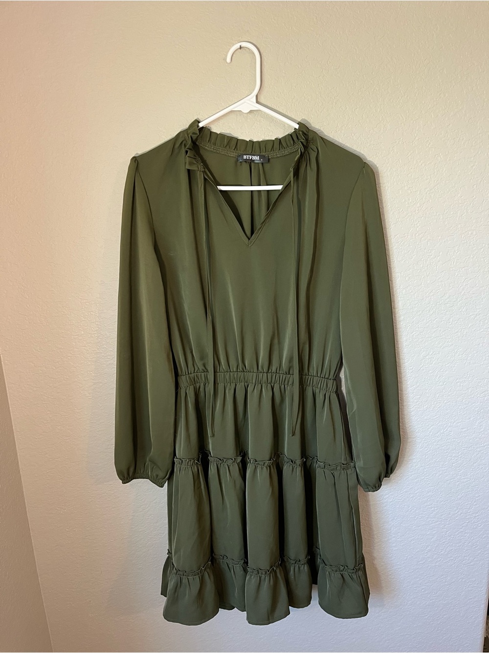 BTFBM Olive Green Tiered Ruffle Long Sleeve Mini Dress S Cottagecore Boho Fall